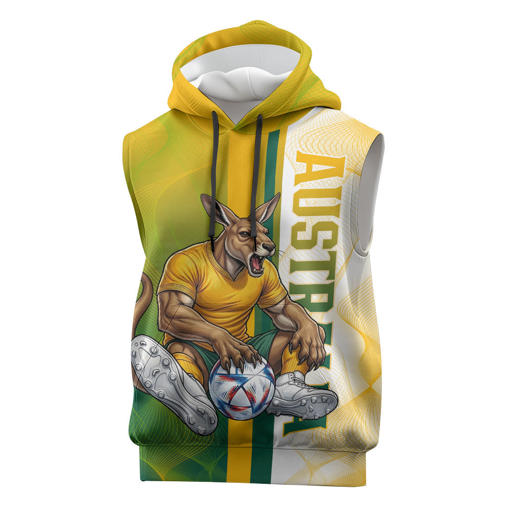 Personalized Australia Soccer Kangaroo Sleeveless Hoodie World Football Mascot Green Gold Abstract Wave