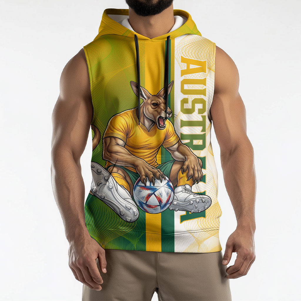 Personalized Australia Soccer Kangaroo Sleeveless Hoodie World Football Mascot Green Gold Abstract Wave