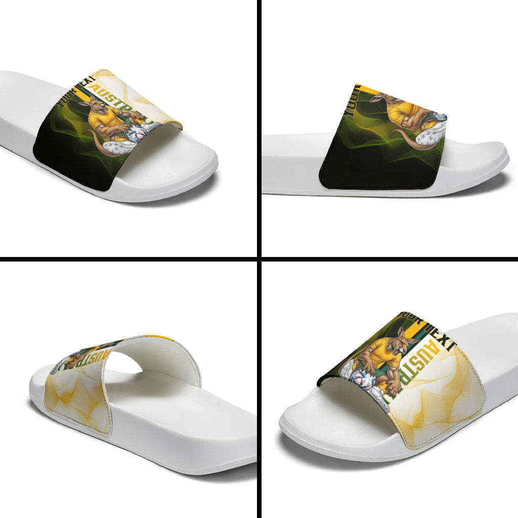 Personalized Australia Soccer Kangaroo Slide Sandals World Football Mascot Green Gold Abstract Wave