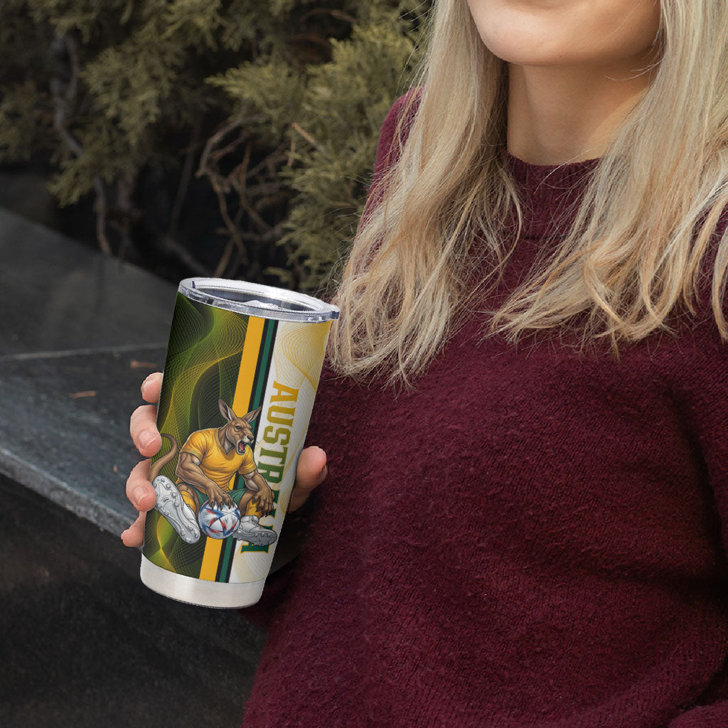 Personalized Australia Soccer Kangaroo Tumbler Cup World Football Mascot Green Gold Abstract Wave