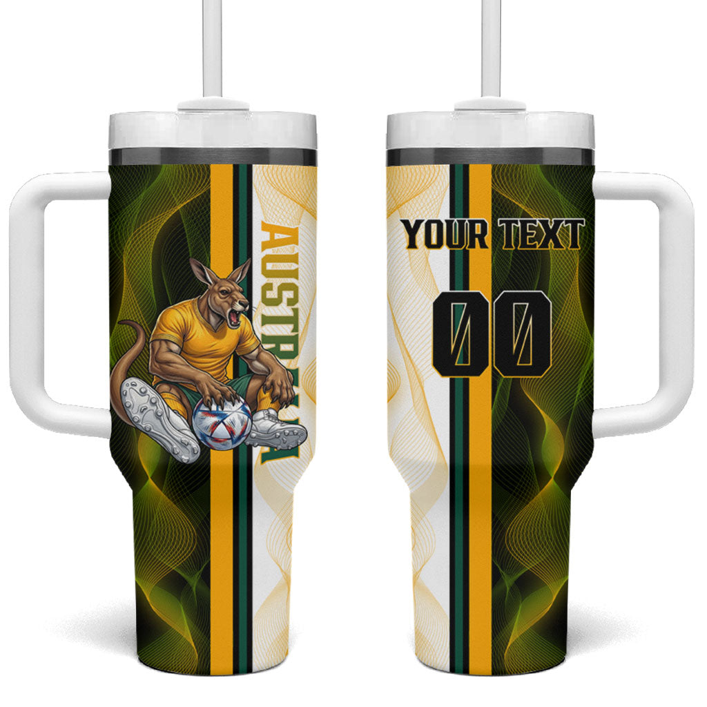 Personalized Australia Soccer Kangaroo Tumbler With Handle World Football Mascot Green Gold Abstract Wave