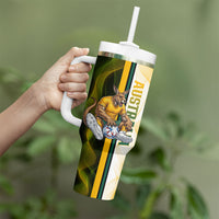 Personalized Australia Soccer Kangaroo Tumbler With Handle World Football Mascot Green Gold Abstract Wave