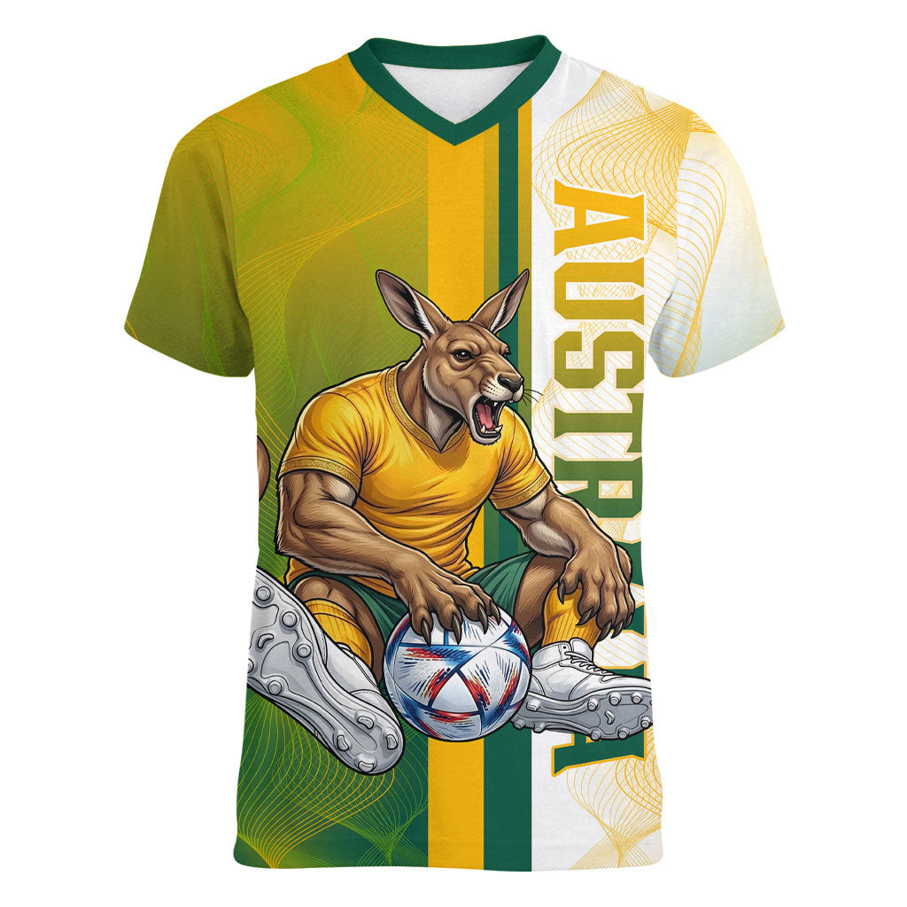 Personalized Australia Soccer Kangaroo Women V-Neck T-Shirt World Football Mascot Green Gold Abstract Wave