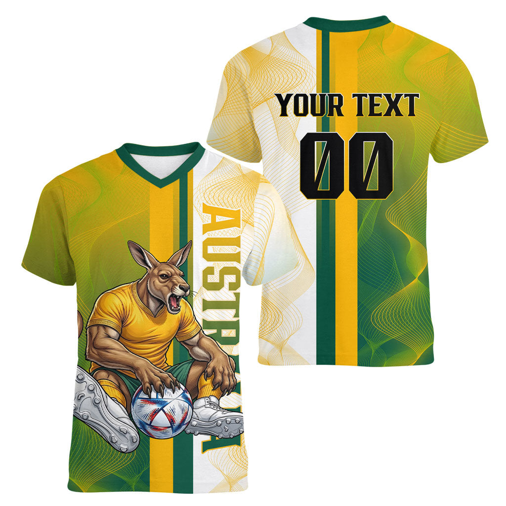 Personalized Australia Soccer Kangaroo Women V-Neck T-Shirt World Football Mascot Green Gold Abstract Wave