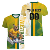 Personalized Australia Soccer Kangaroo Women V-Neck T-Shirt World Football Mascot Green Gold Abstract Wave
