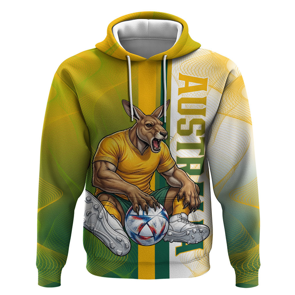 Personalized Australia Soccer Kangaroo Zip Hoodie World Football Mascot Green Gold Abstract Wave