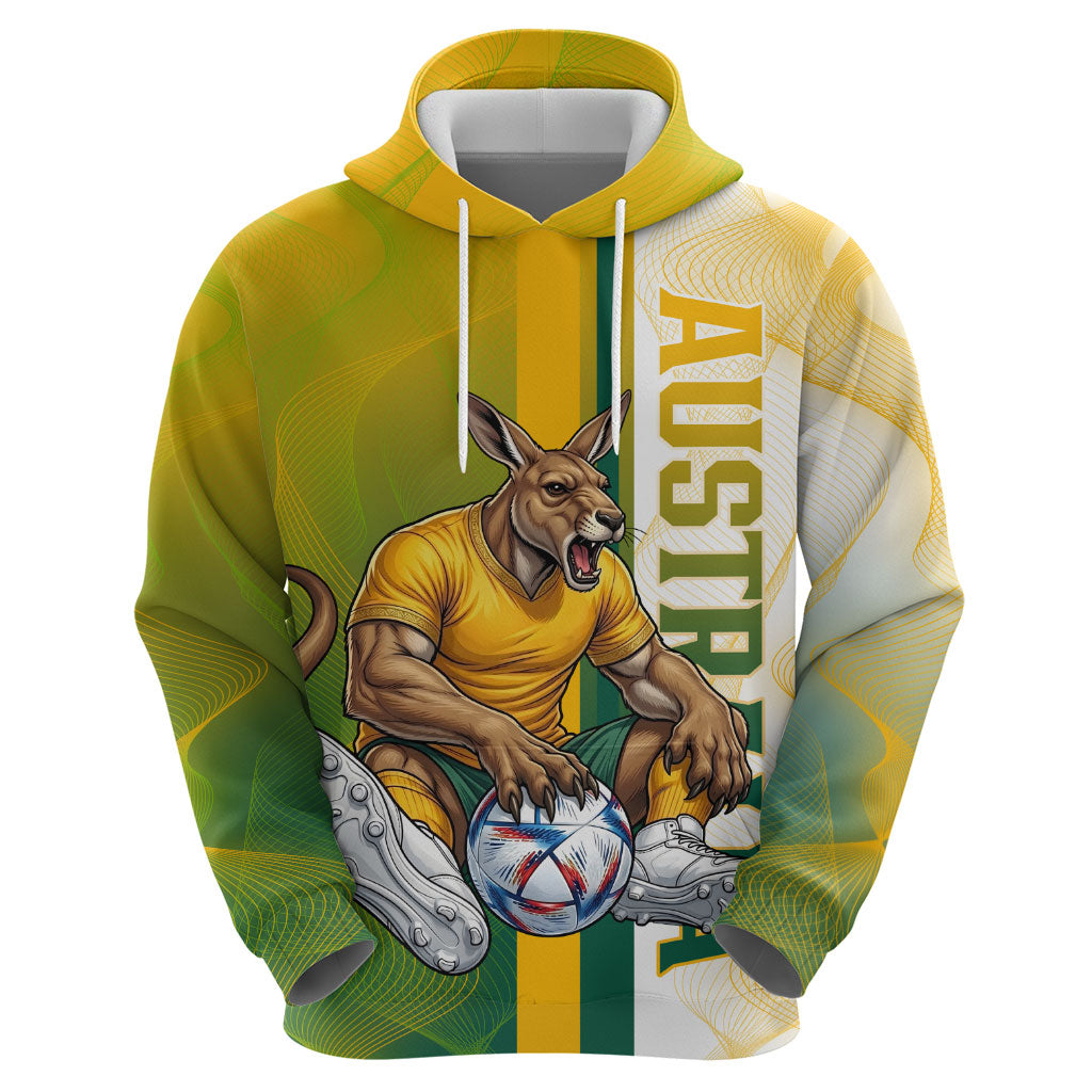 Personalized Australia Soccer Kangaroo Zip Hoodie World Football Mascot Green Gold Abstract Wave