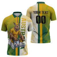 Personalized Australia Soccer Kangaroo Zipper Polo Shirt World Football Mascot Green Gold Abstract Wave