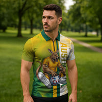 Personalized Australia Soccer Kangaroo Zipper Polo Shirt World Football Mascot Green Gold Abstract Wave