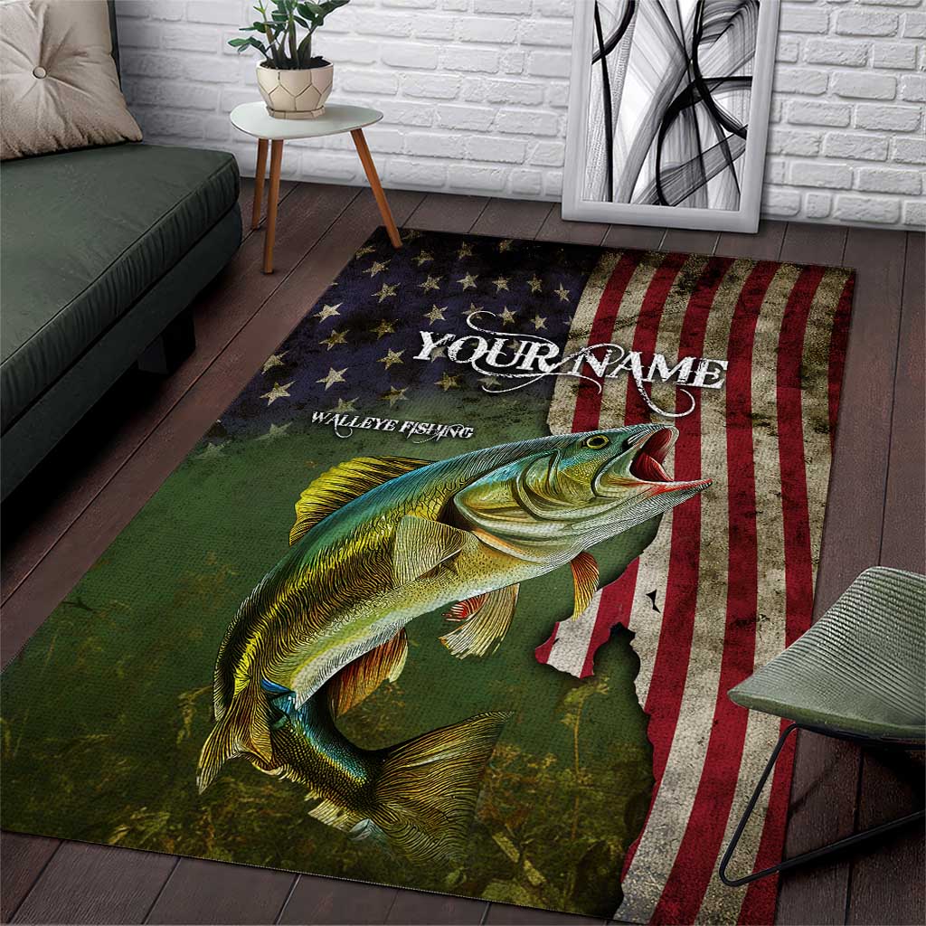 Personalized Walleye Fishing Area Rug American Flag Background and Green Grunge Style Design - Wonder Print Shop