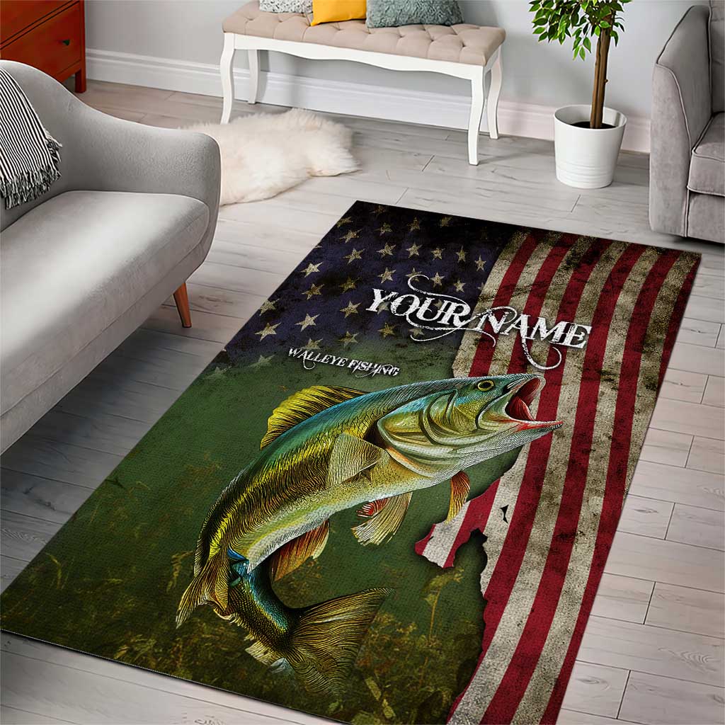 Personalized Walleye Fishing Area Rug American Flag Background and Green Grunge Style Design - Wonder Print Shop