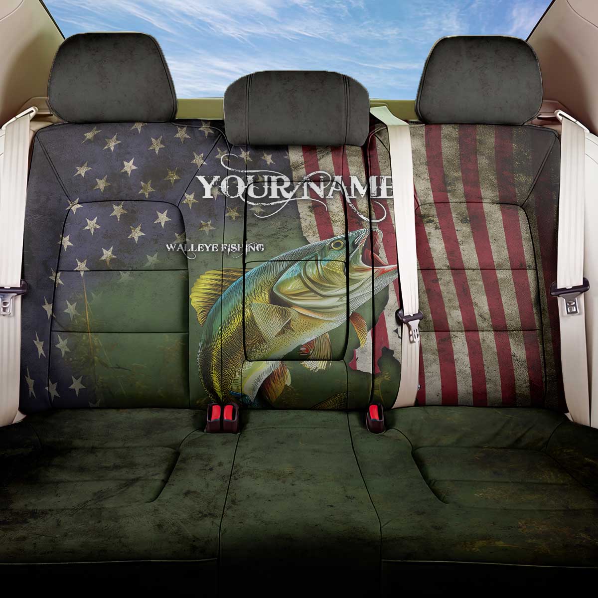 Personalized Walleye Fishing Back Car Seat Cover American Flag Background and Green Grunge Style Design - Wonder Print Shop