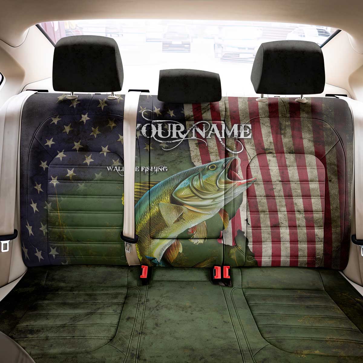 Personalized Walleye Fishing Back Car Seat Cover American Flag Background and Green Grunge Style Design - Wonder Print Shop