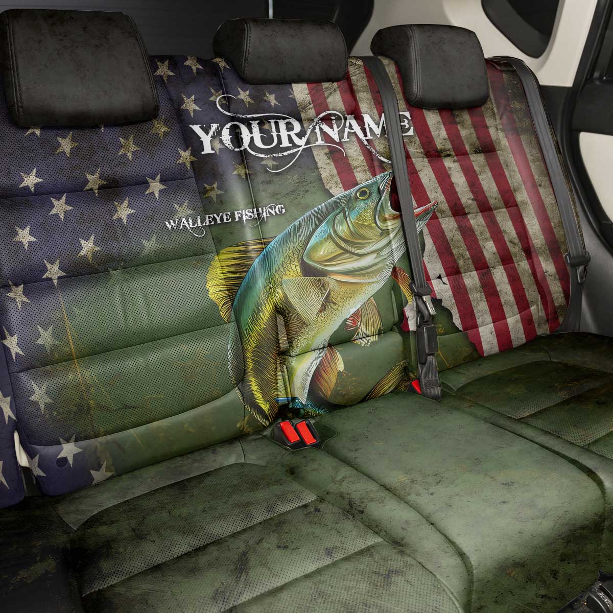 Personalized Walleye Fishing Back Car Seat Cover American Flag Background and Green Grunge Style Design - Wonder Print Shop