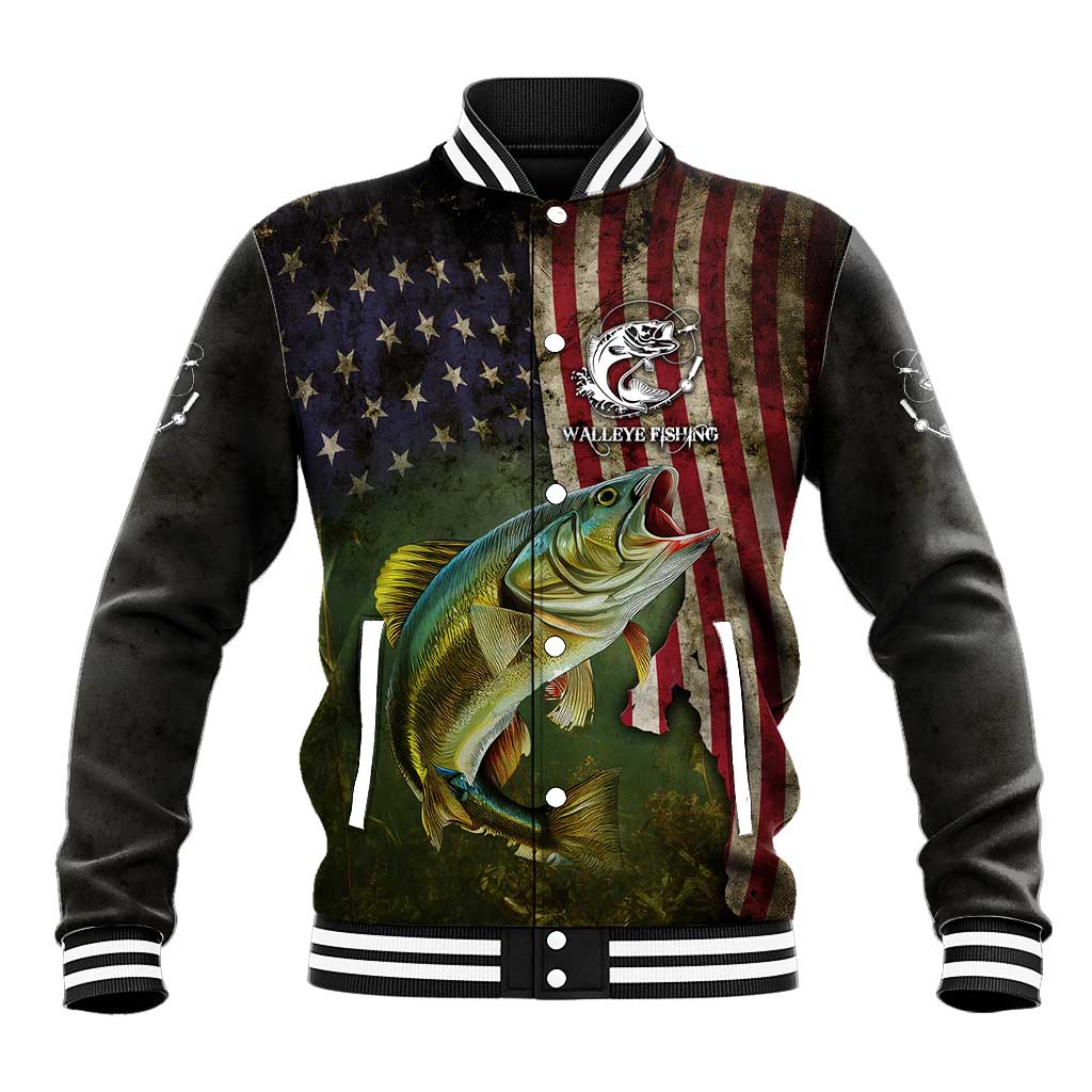 Personalized Walleye Fishing Baseball Jacket American Flag Background and Green Grunge Style Design - Wonder Print Shop