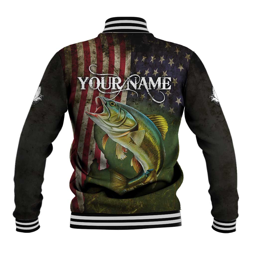 Personalized Walleye Fishing Baseball Jacket American Flag Background and Green Grunge Style Design - Wonder Print Shop