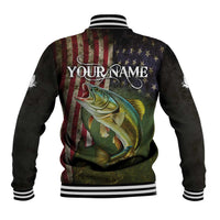 Personalized Walleye Fishing Baseball Jacket American Flag Background and Green Grunge Style Design - Wonder Print Shop
