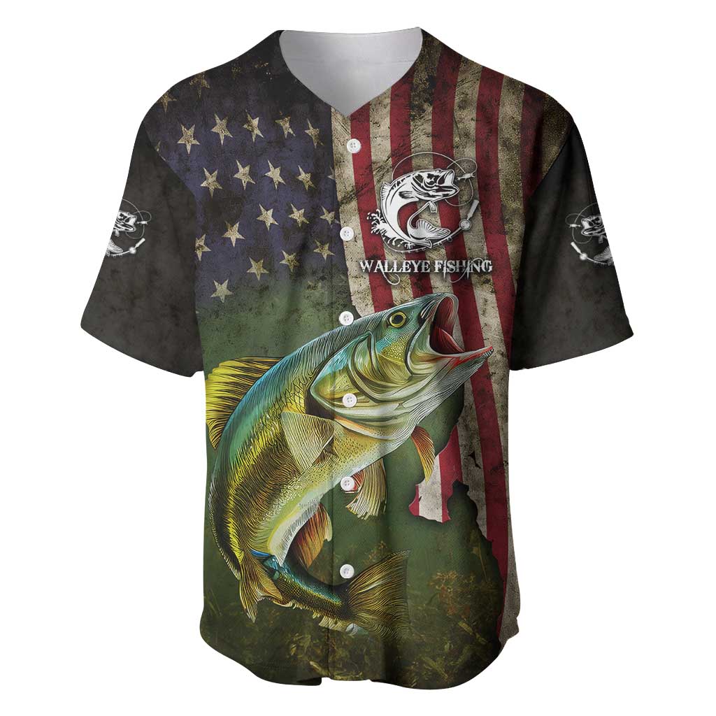 Personalized Walleye Fishing Baseball Jersey American Flag Background and Green Grunge Style Design - Wonder Print Shop