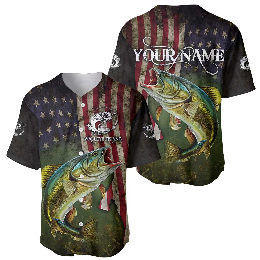 Personalized Walleye Fishing Baseball Jersey American Flag Background and Green Grunge Style Design - Wonder Print Shop
