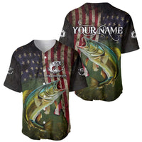 Personalized Walleye Fishing Baseball Jersey American Flag Background and Green Grunge Style Design - Wonder Print Shop