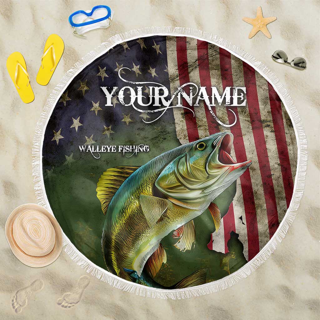 Personalized Walleye Fishing Beach Blanket American Flag Background and Green Grunge Style Design - Wonder Print Shop