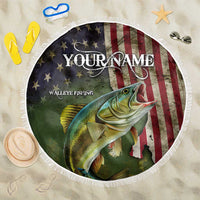 Personalized Walleye Fishing Beach Blanket American Flag Background and Green Grunge Style Design - Wonder Print Shop