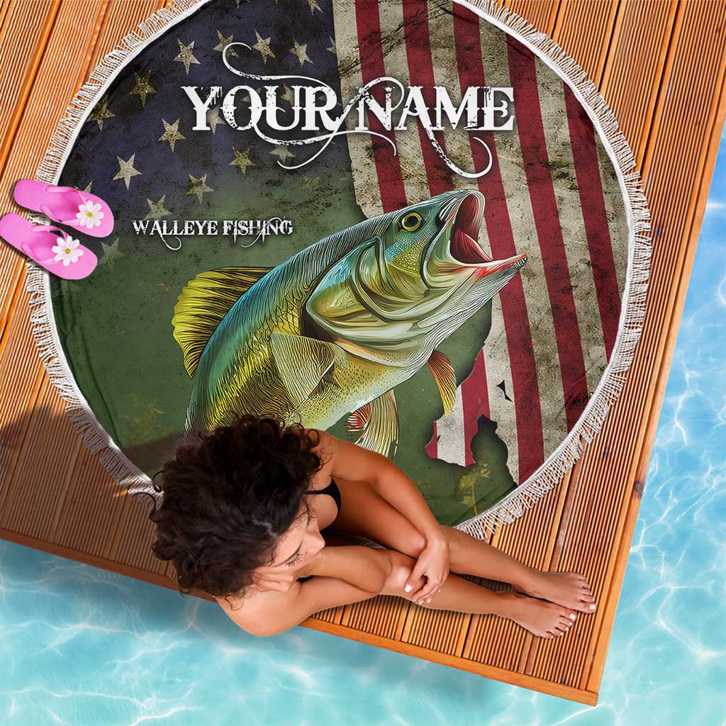 Personalized Walleye Fishing Beach Blanket American Flag Background and Green Grunge Style Design - Wonder Print Shop