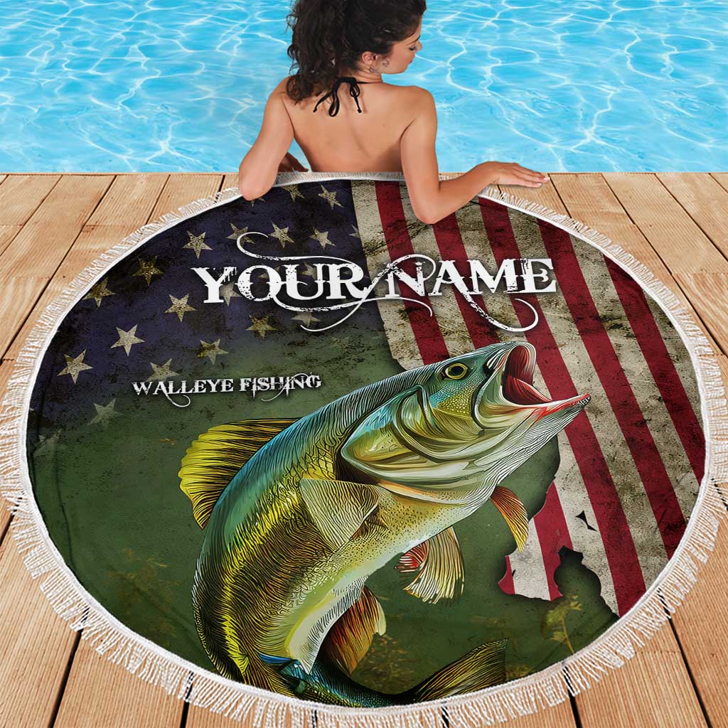 Personalized Walleye Fishing Beach Blanket American Flag Background and Green Grunge Style Design - Wonder Print Shop