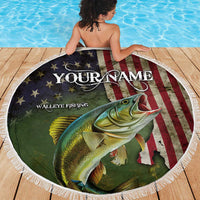 Personalized Walleye Fishing Beach Blanket American Flag Background and Green Grunge Style Design - Wonder Print Shop