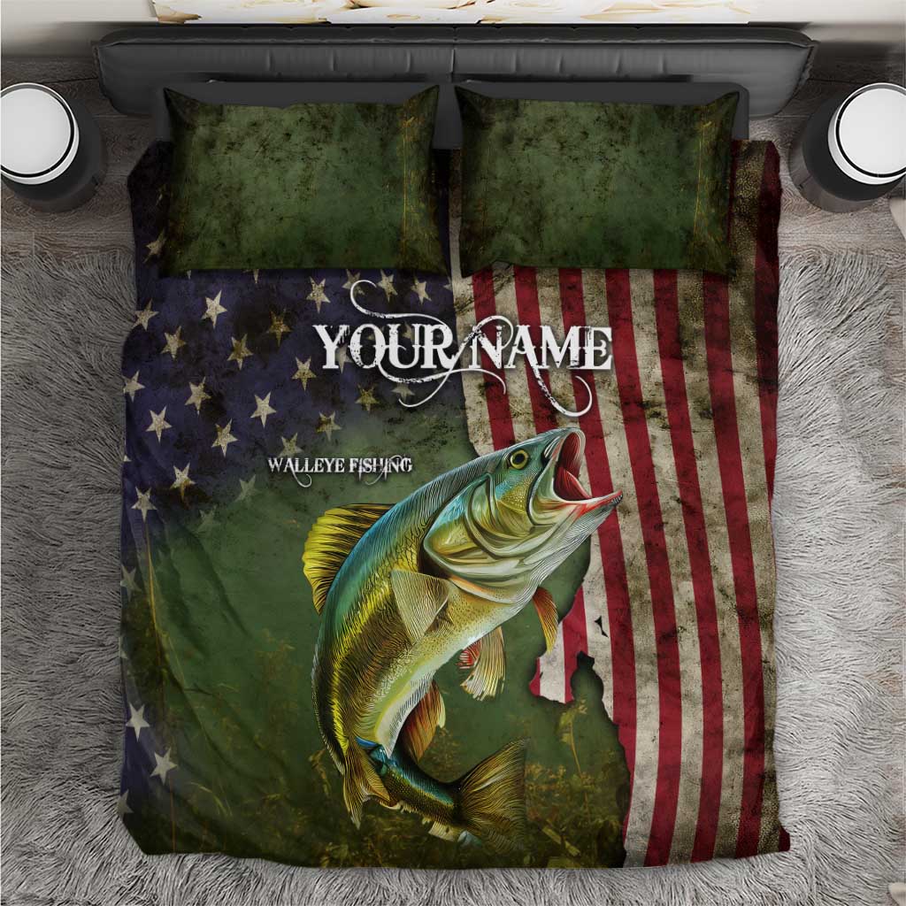Personalized Walleye Fishing Bedding Set American Flag Background and Green Grunge Style Design - Wonder Print Shop