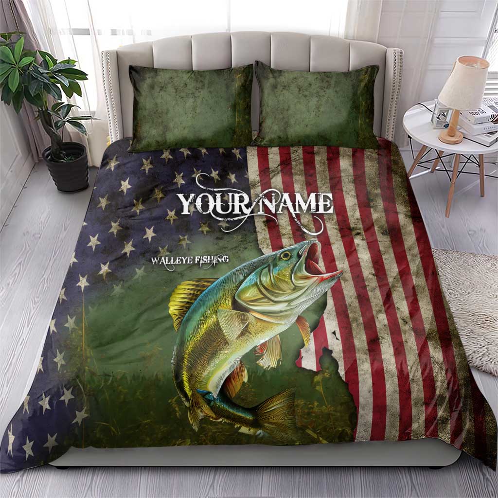 Personalized Walleye Fishing Bedding Set American Flag Background and Green Grunge Style Design - Wonder Print Shop