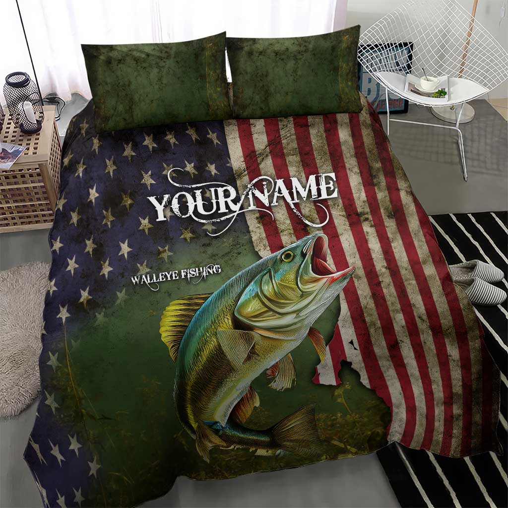 Personalized Walleye Fishing Bedding Set American Flag Background and Green Grunge Style Design - Wonder Print Shop