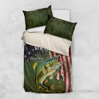 Personalized Walleye Fishing Bedding Set American Flag Background and Green Grunge Style Design - Wonder Print Shop