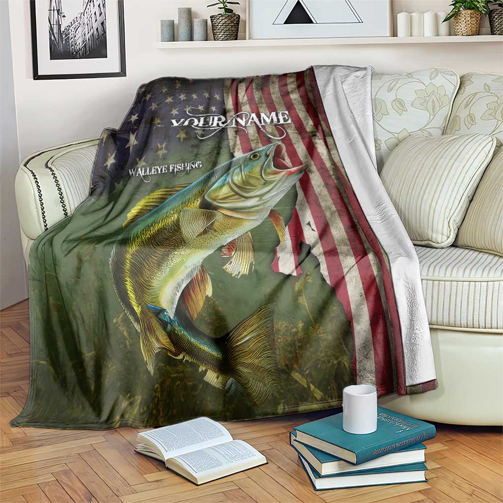 Personalized Walleye Fishing Blanket American Flag Background and Green Grunge Style Design - Wonder Print Shop