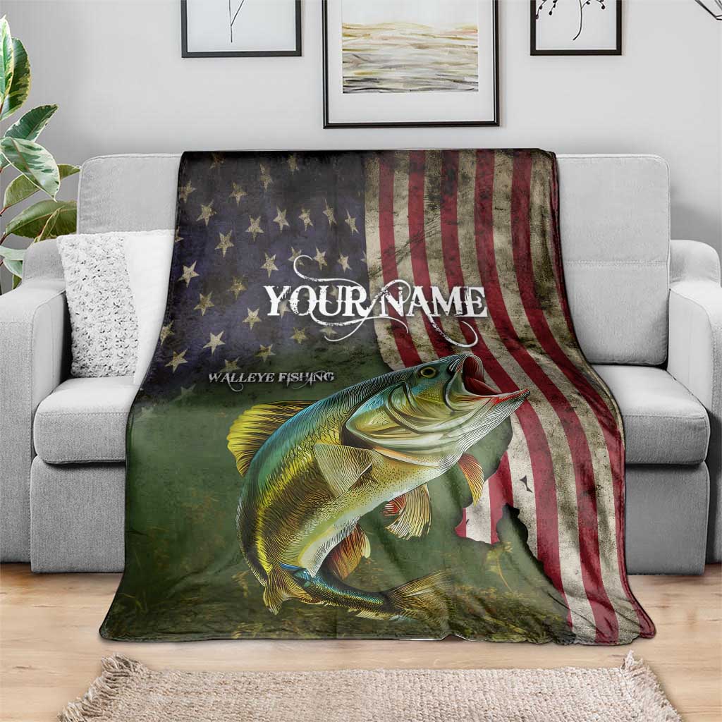 Personalized Walleye Fishing Blanket American Flag Background and Green Grunge Style Design - Wonder Print Shop