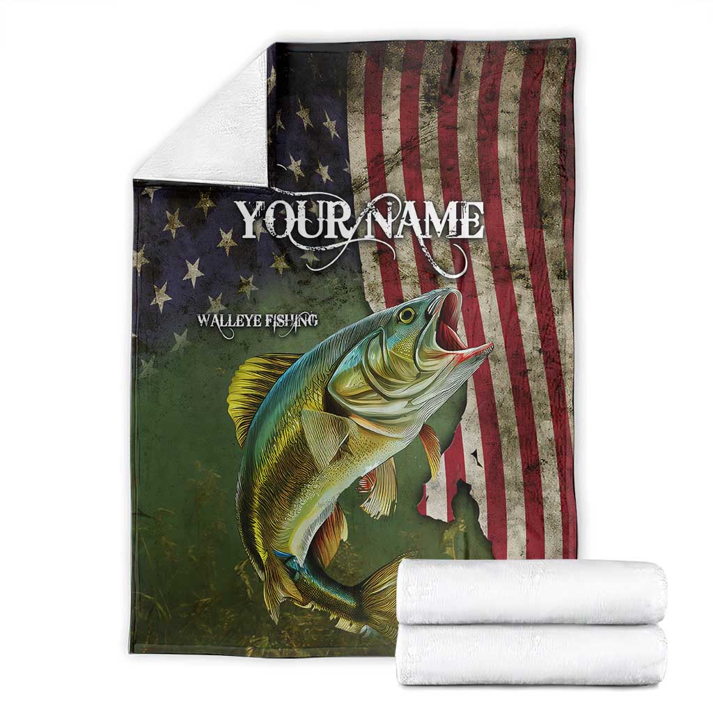 Personalized Walleye Fishing Blanket American Flag Background and Green Grunge Style Design - Wonder Print Shop