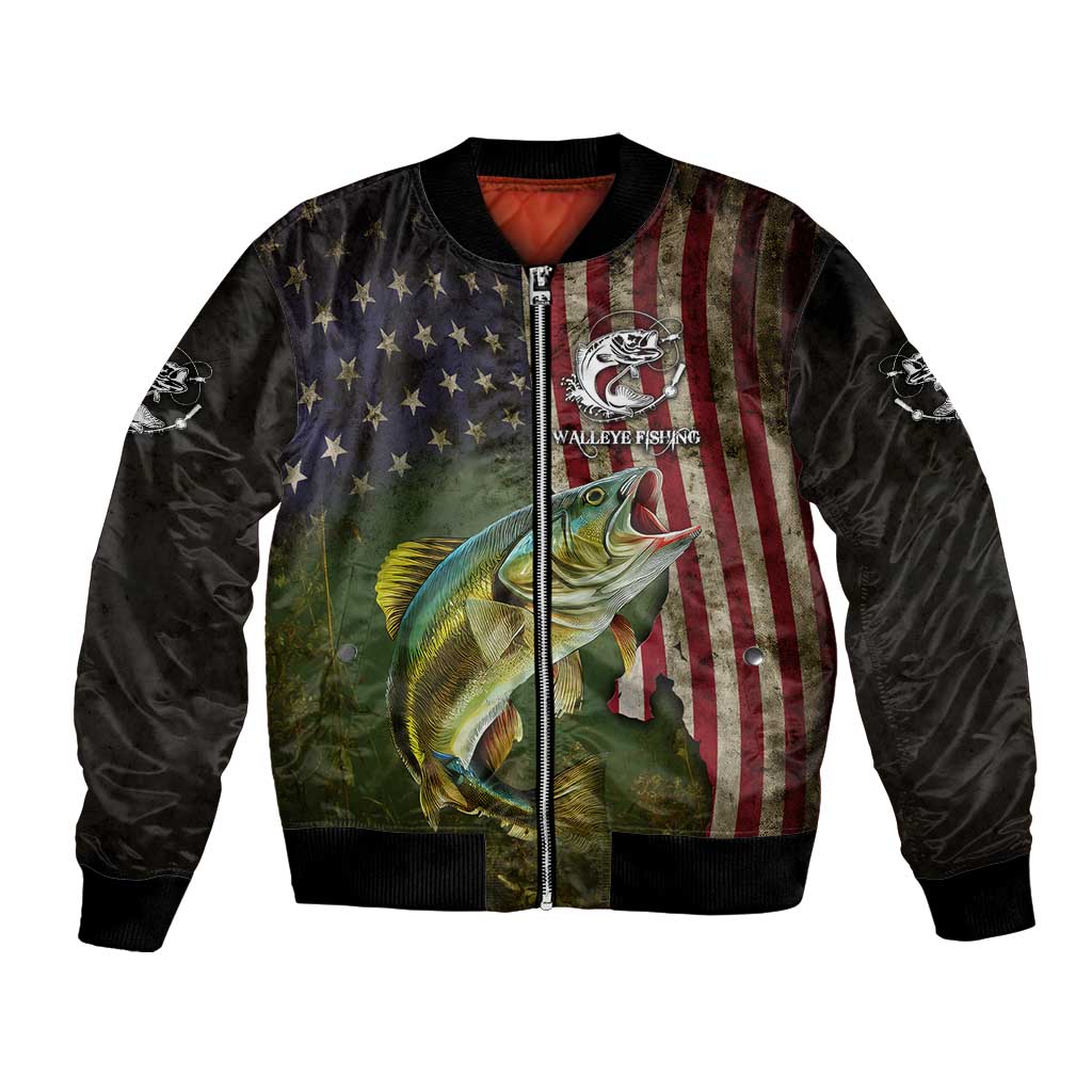 Personalized Walleye Fishing Bomber Jacket American Flag Background and Green Grunge Style Design - Wonder Print Shop