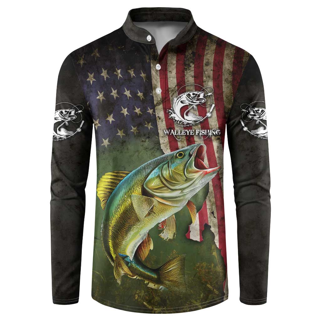 Personalized Walleye Fishing Button Sweatshirt American Flag Background and Green Grunge Style Design - Wonder Print Shop