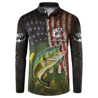 Personalized Walleye Fishing Button Sweatshirt American Flag Background and Green Grunge Style Design - Wonder Print Shop