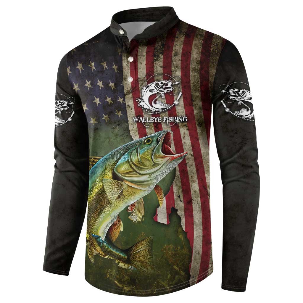 Personalized Walleye Fishing Button Sweatshirt American Flag Background and Green Grunge Style Design - Wonder Print Shop