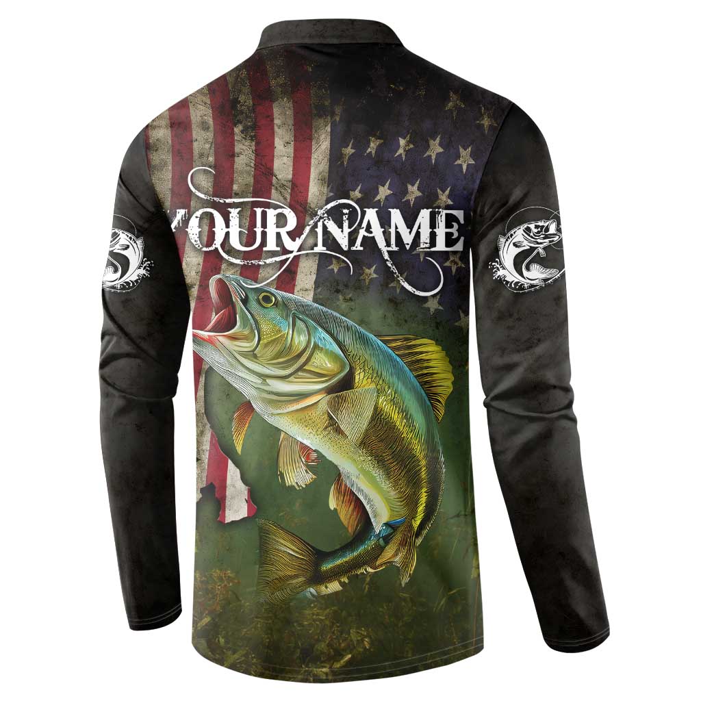 Personalized Walleye Fishing Button Sweatshirt American Flag Background and Green Grunge Style Design - Wonder Print Shop