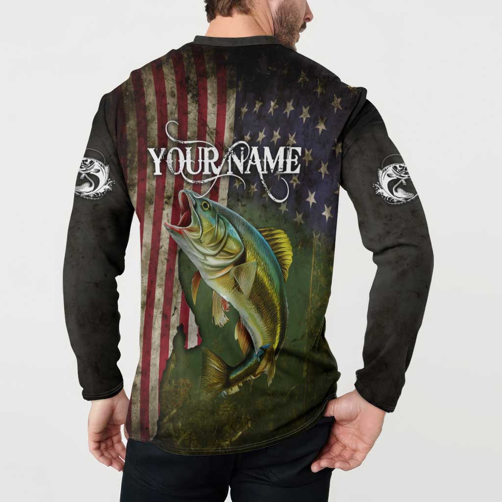 Personalized Walleye Fishing Button Sweatshirt American Flag Background and Green Grunge Style Design - Wonder Print Shop