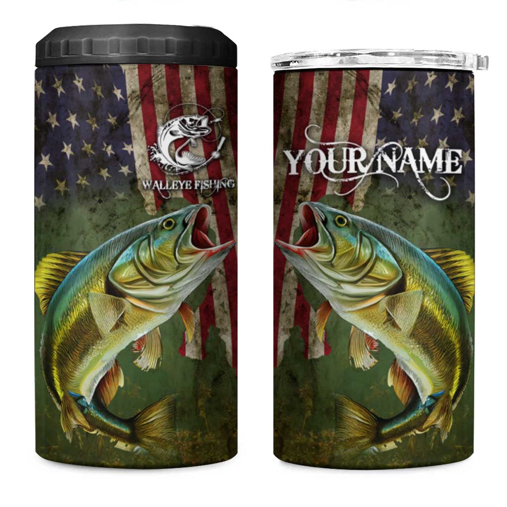 Personalized Walleye Fishing 4 in 1 Can Cooler Tumbler American Flag Background and Green Grunge Style Design - Wonder Print Shop