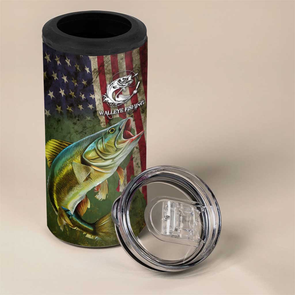 Personalized Walleye Fishing 4 in 1 Can Cooler Tumbler American Flag Background and Green Grunge Style Design - Wonder Print Shop
