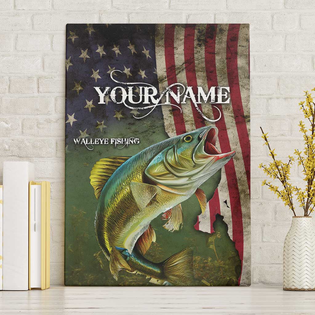 Personalized Walleye Fishing Canvas Wall Art American Flag Background and Green Grunge Style Design - Wonder Print Shop