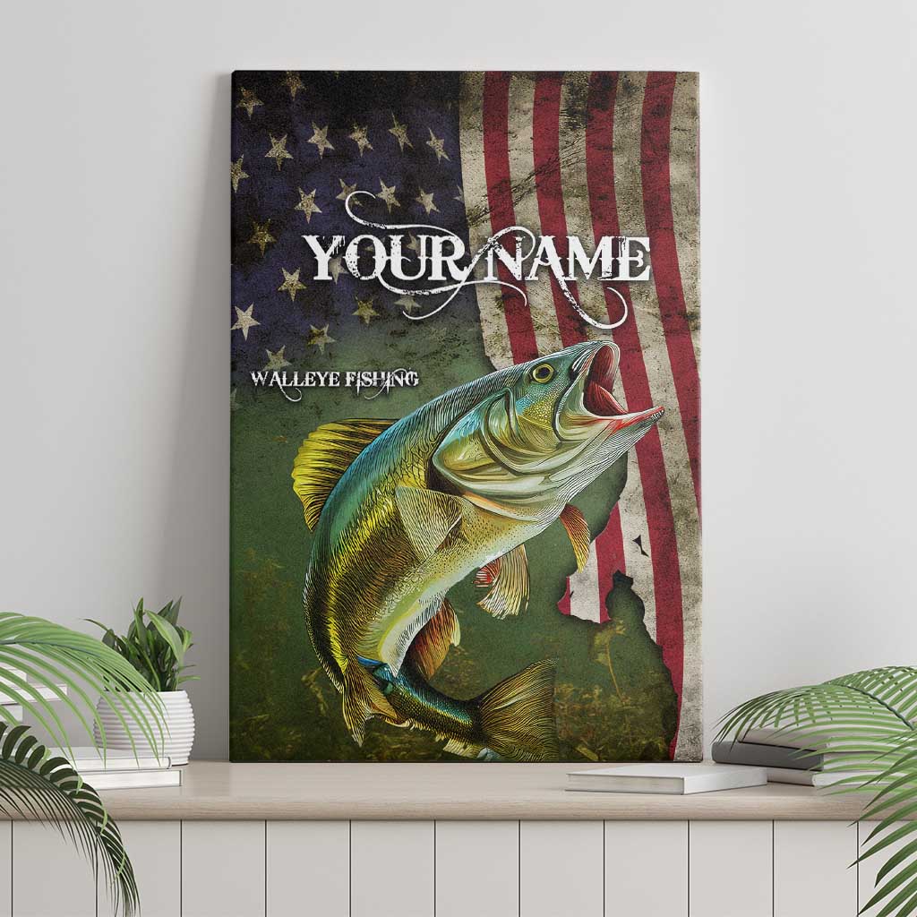 Personalized Walleye Fishing Canvas Wall Art American Flag Background and Green Grunge Style Design - Wonder Print Shop