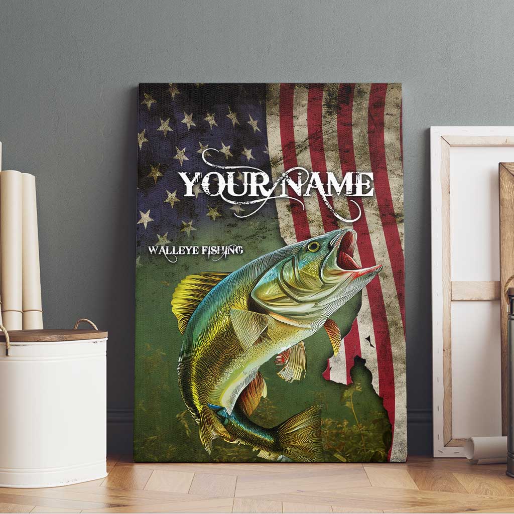 Personalized Walleye Fishing Canvas Wall Art American Flag Background and Green Grunge Style Design - Wonder Print Shop