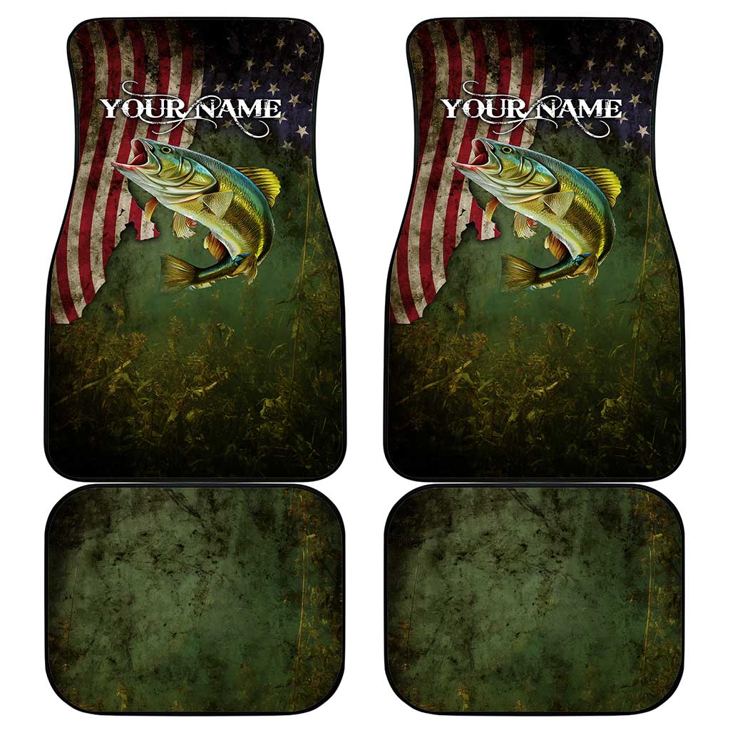 Personalized Walleye Fishing Car Mats American Flag Background and Green Grunge Style Design - Wonder Print Shop