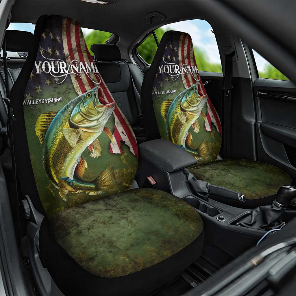 Personalized Walleye Fishing Car Seat Cover American Flag Background and Green Grunge Style Design - Wonder Print Shop