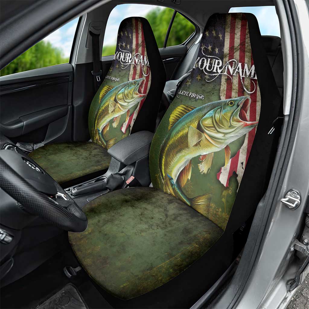 Personalized Walleye Fishing Car Seat Cover American Flag Background and Green Grunge Style Design - Wonder Print Shop